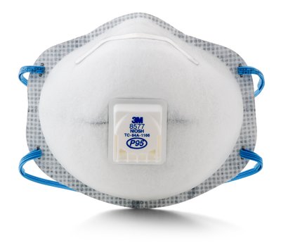 3M Particulate Respirator with Nuisance Level Organic Vapor Relief, featuring a white filtration cartridge and blue braided headbands.