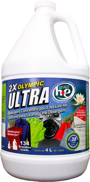 Gallon bottle of Olympic Ultra HE laundry detergent on a white background