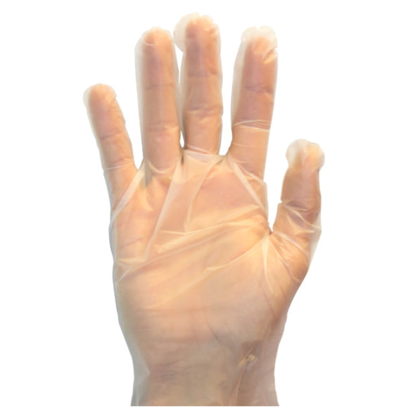 A hand wearing a clear disposable polyethylene glove for food service
