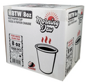 Box of Morning Dew 8oz hot drink paper cups with branding and product details.