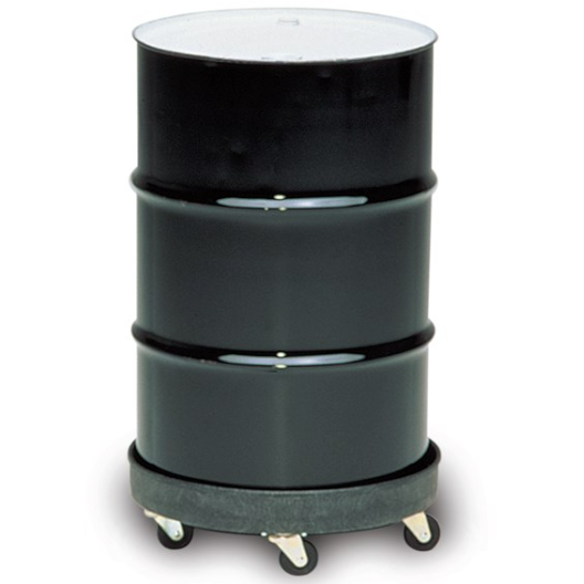Black metal drum on a round dolly with wheels on a white background