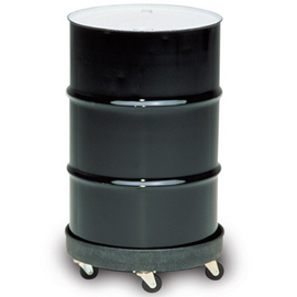 Black metal drum on a round dolly with wheels on a white background