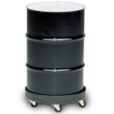 Black metal drum on a round dolly with wheels on a white background