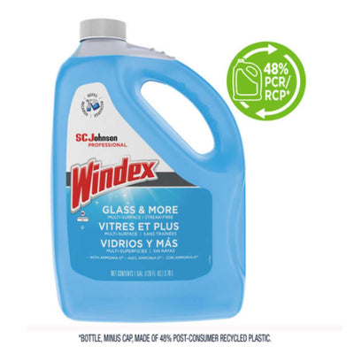 A bulk size 1 gallon blue plastic bottle of SC Johnson Professional Windex Glass & More Multi-Surface Cleaner with text and branding on the label.