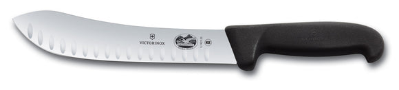 Serrated knife with black handle and visible brand logo on a white background