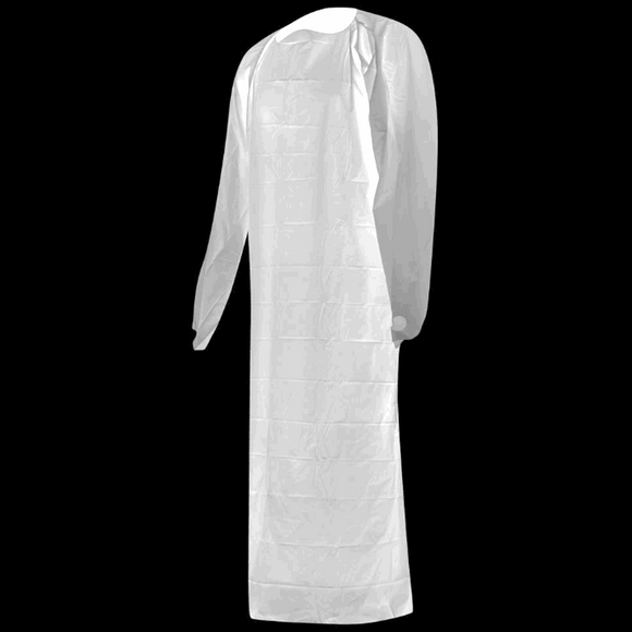 Disposable Lightweight CPE Gown | 1.5 Mil | L- XL | 1 Gown, Bag of 10 or Case of 100 45203_2_Disposable_Lightweight_CPE_Gown_White_Blue_Splash_Protection_Food-Safe_Medical_and_Industrial_Use