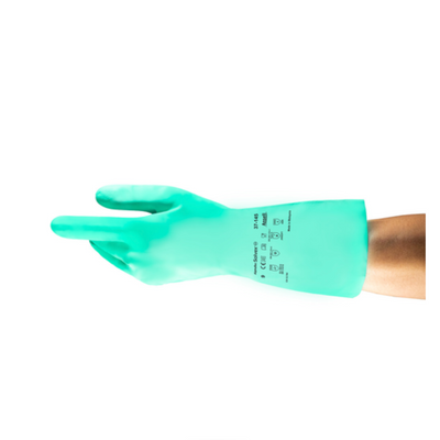 Chemical safe green nitrile glove with Ansel Solvex brand label on a white background
