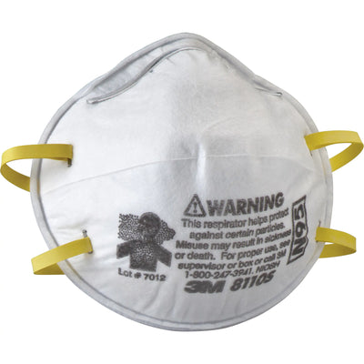 N95 respirator mask with warning label on a white background