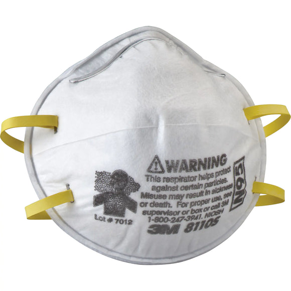 N95 respirator mask with warning label on a white background
