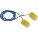 Yellow earplugs with a blue cord on a white background