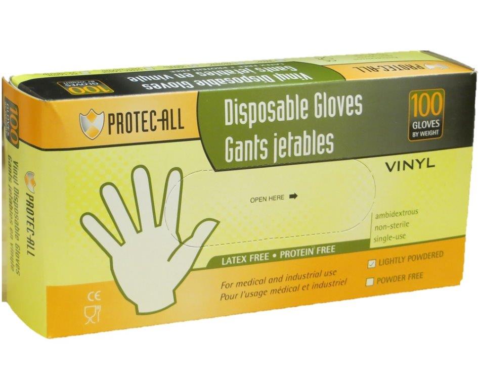 Gants Jetables en Vinyle Transparents ProtecAll Légèrement Poudrés (1000 par caisse)