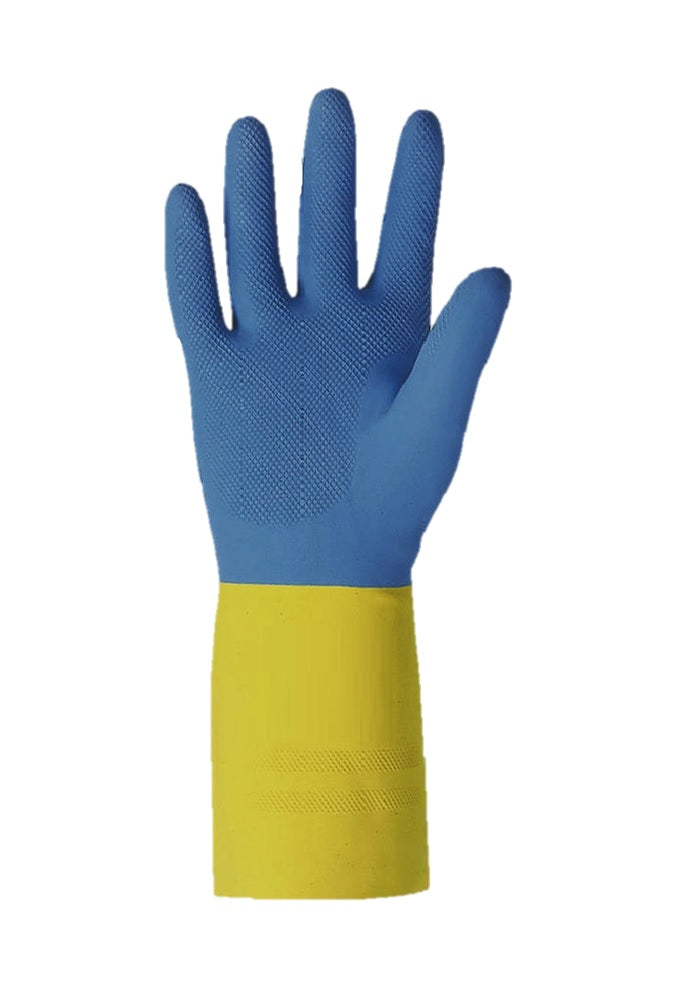 Gant de vaisselle en néoprène bleu sur latex jaune