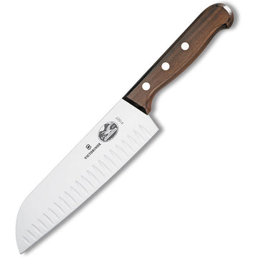 Couteau japonais à lame alvéolée et estampillée de 18 cm et manche en bois de rose