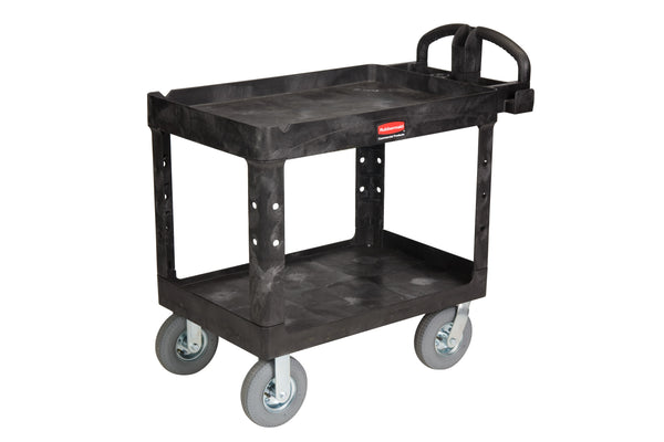 Rubbermaid HD 2-Shelf Black Utility Cart with Lipped Shelf and Pneumatic Casters #4520 36"x24"