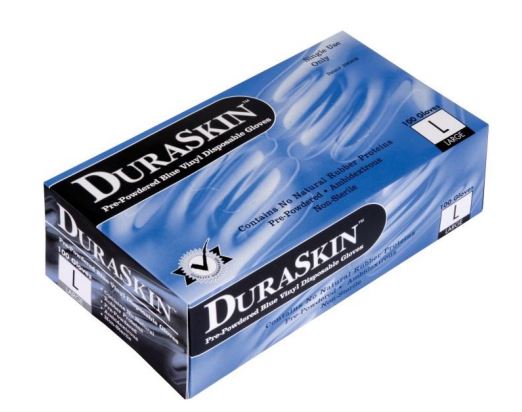 Lightly Powdered Blue Vinyl Gloves Duraskin by Durawear 4 Mil Industrial use Gloves