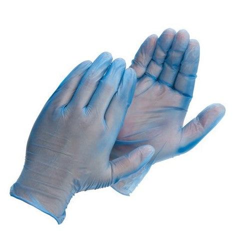 Lightly Powdered Blue Vinyl Gloves Duraskin by Durawear 4 Mil Industrial use Gloves Canada USa Shipping Best Value Commercial Disposable Gloves