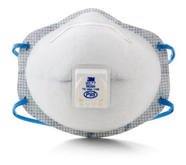 3M Particulate Respirator with Nuisance Level Organic Vapor Relief, featuring a white filtration cartridge and blue braided headbands.